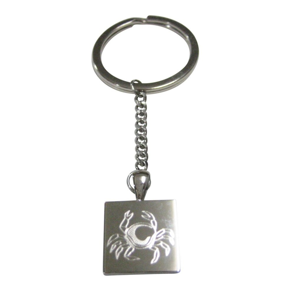 Silver Toned Square Etched Crab Pendant Keychain